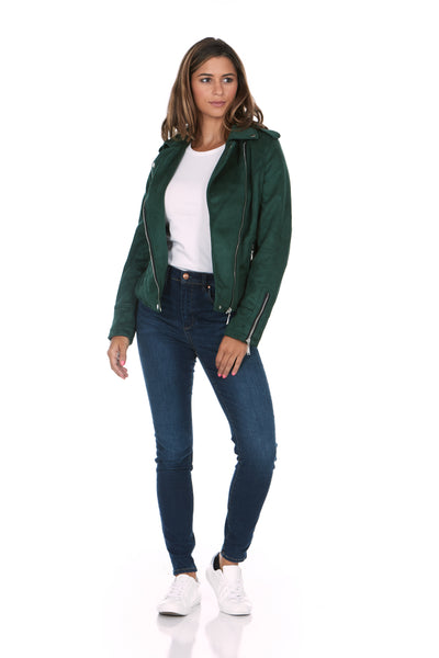 Asymmetrical Faux Suede Forest Green Moto Jacket
