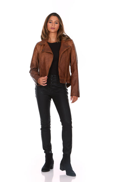 Asymmetrical Vegan Leather Fitted Tobacco Moto Jacket