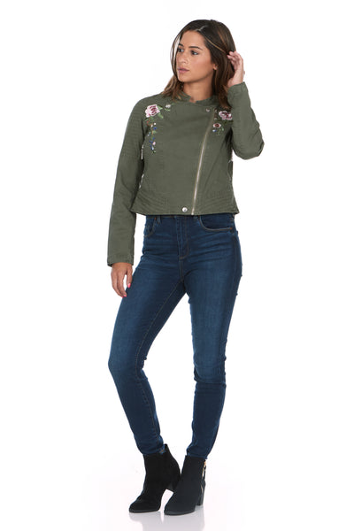 Asymmetrical Flower Embroidered Olive Jacket