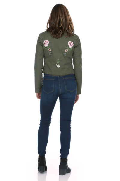 Asymmetrical Flower Embroidered Olive Jacket