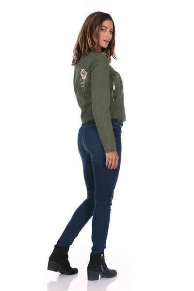Asymmetrical Flower Embroidered Olive Jacket