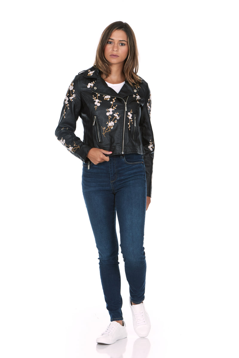 Flower Embroidered Semi-Fitted Vegan Leather Jacket – JOUJOU