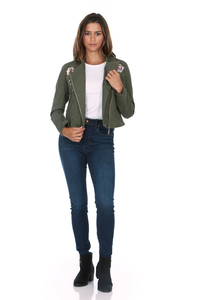 Asymmetrical Flower Embroidered Olive Jacket