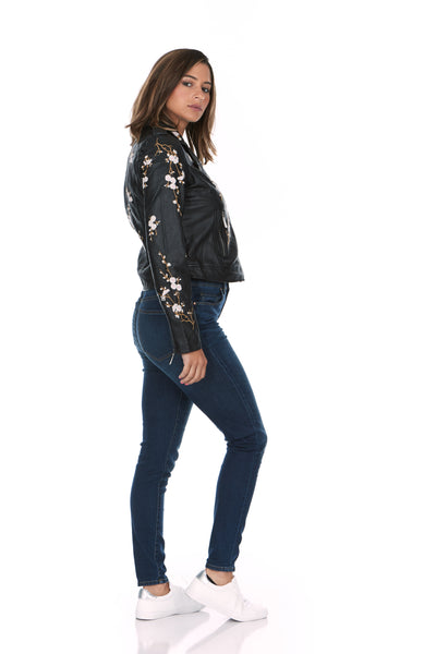 Flower Embroidered Semi-Fitted Vegan Leather Jacket