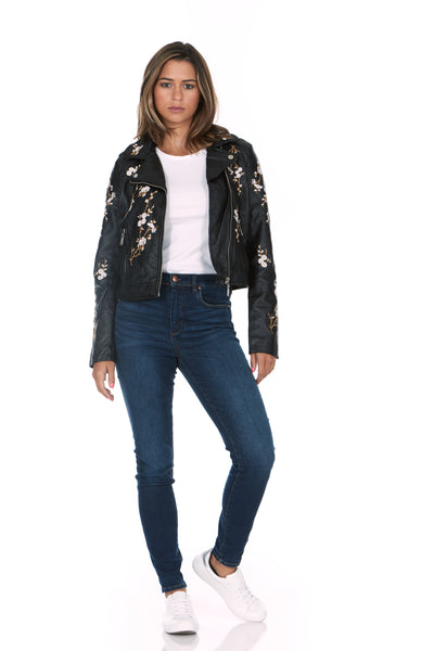 Flower Embroidered Semi-Fitted Vegan Leather Jacket